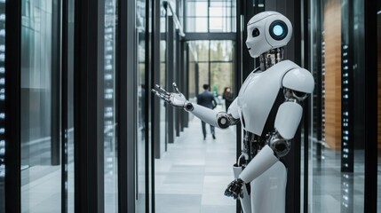 Poster - A robot receptionist greeting visitors at the entrance of a sleek, modern office building with a welcoming gesture