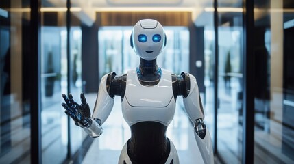 Poster - A robot receptionist greeting visitors at the entrance of a sleek, modern office building with a welcoming gesture