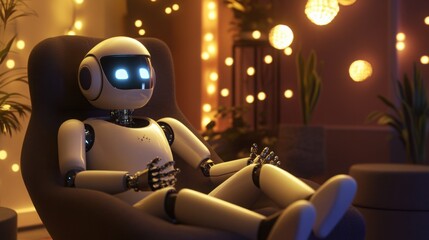 Poster - A robot therapist listening empathetically to a human client in a cozy, dimly lit therapy room