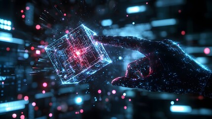 Aufkleber - Lens-flare shot of a hacker manipulating a floating data cube, their fingers leaving glowing trails of light in the air. Cinematic high-tech espionage