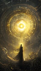 Leinwandbilder - A goddess of time stands at the center of an ancient clockwork cathedral, gears and golden light swirling around her as she weaves the threads of destiny