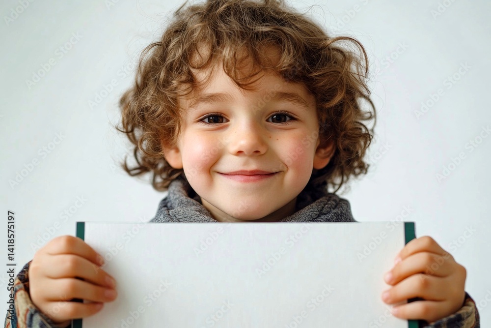 Flyer Boy Boy for flyer. Boy ad mockup. Isolated smile boy with curly hair on a ...