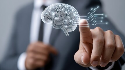 Poster - A business professional interacts with a digital brain, symbolizing innovation, artificial intelligence, and futuristic concepts.