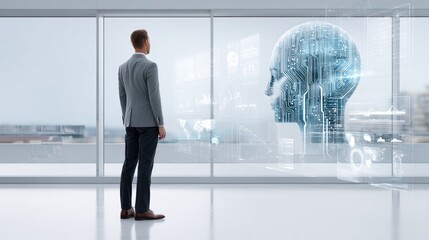 Poster - A businessman contemplates a digital interface that visualizes artificial intelligence and innovative technology insights.