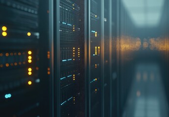 Poster - Close-up view of server racks in a dimly lit corridor with glowing orange and blue lights. Ideal for cybersecurity, network hardware, and modern data center visuals