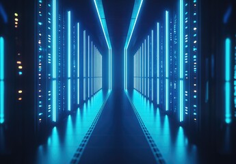 Fototapete - Symmetrical server hallway with glowing vertical blue lights and high-tech ambiance. Perfect for AI, cloud computing, cybersecurity, and futuristic tech visuals