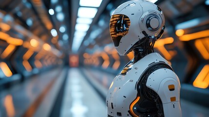 Poster - A futuristic robot stands in a high-tech corridor, showcasing advanced design and vibrant lighting.