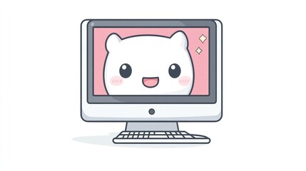 Cute cartoon bear on computer screen,  desktop background, happy expression, digital art, website design
