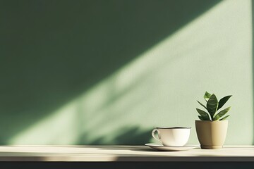 Poster - Sunlight casting shadows on a coffee cup and a small potted plant on a light-colored surface