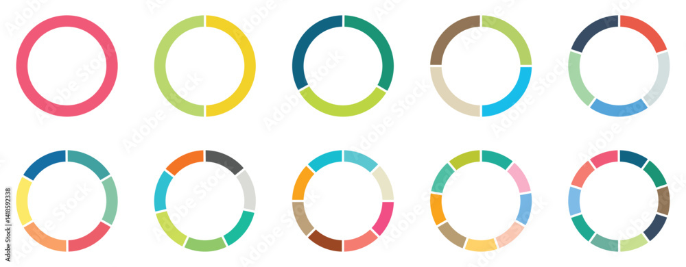 Pie chart set. Different color circles. Pie chart divided 1,2,3,4,5,6,7 ...