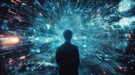 Poster - A person stands in awe, gazing at a vibrant, high-tech digital landscape, symbolizing innovation and the future of technology.