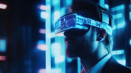 Poster - A person wearing VR goggles, immersed in a futuristic digital landscape, showcasing advanced technology and innovation.