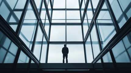 Poster - A solitary figure stands in a modern glass structure, showcasing the contrast of human presence against architectural elegance.