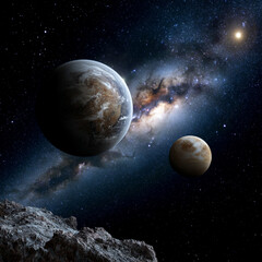 image of the universe with planets and milky way.
