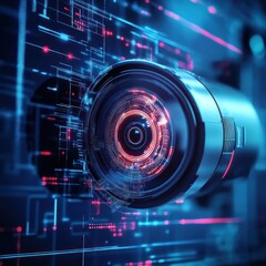 Wall Mural - Futuristic camera lens with intricate digital overlay.
