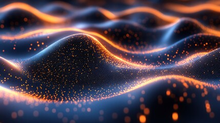 Poster - Dynamic abstract waves illuminated by glowing particles, creating a futuristic atmosphere and visual depth in motion.