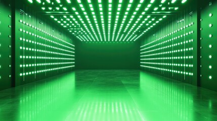 Poster - Futuristic green-lit corridor with illuminated wall panels creating a vibrant atmosphere for innovative environments.
