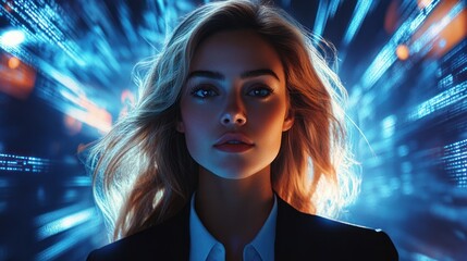 Poster - Futuristic portrait of a woman with flowing hair, surrounded by vibrant digital light patterns, symbolizing innovation and progress.