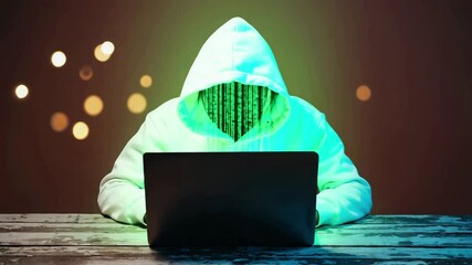 Hacker in hooded sweatshirt typing at laptop with digital head code display in dark room