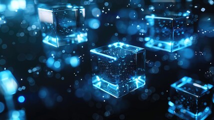 Poster - Abstract digital art with blue glowing cube and particles. Digital artwork of transparent cube with glowing blue color and dark background. Technology innovation and data visualization concept. AIG53.