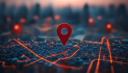 Fototapete - Digital map interface shows red location marker. City landscape blurred background. Tech map displays city streets, pathways. Navigation, urban planning tech. Modern software for route plannin