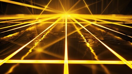 Poster - A striking image of bright yellow lasers radiating against a black background, creating an abstract and futuristic visual effect perfect for various creative projects.