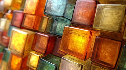 Poster - Colorful glass blocks arranged in a vibrant pattern in a modern setting capturing intricate textures and reflections