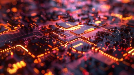 Poster - Glowing orange circuit board with detailed lines and patterns on a dark background. Digital art for design. Abstract image of wireframe or motherboard with glowing color with electronic parts. AIG53.