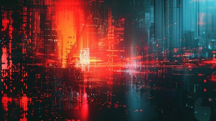 Poster - Digital tunnel with bright light and vibrant colorful pixels. Technology and sci-fi concept for wallpaper, banner. Abstract image of glitch effect with red and white color with dark background. AIG53.