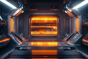 Poster - Futuristic corridor with glowing orange lights and sleek metallic surfaces in a sci-fi setting