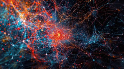 Poster - Discover a stunning abstract visualization representing data and artificial intelligence. This vibrant image showcases complex networks and connections, perfect for technology and science themes.