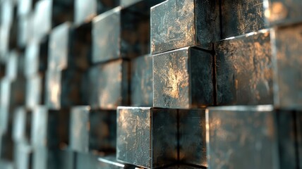 Poster - Abstract metallic geometric blocks in grey and gold. Abstract artwork of 3D rendering art with geometric shape with black wall. Digital art for design and print. Building construction concept. AIG53.