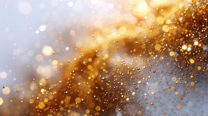 Poster - This stunning image features sparkling golden particles against a soft white background, creating a dreamy and elegant atmosphere perfect for various design needs.