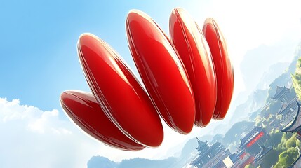 Poster - Abstract Red Spiraling Shapes Against Hazy Sky Landscape