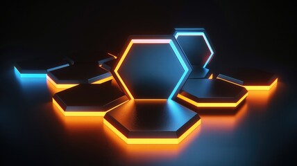 Poster - Geometric neon shapes with orange and blue lighting. Digital artwork of geometric shape or hexagon shape with blue and orange neon color. Futuristic and modern design concept for art design. AIG53.