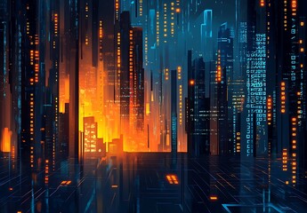 Aufkleber - Vibrant Futuristic City at Night Orange and Blue Glowing Towers