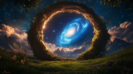 Wall Mural - Enchanted portal revealing a galaxy in a mystical landscape