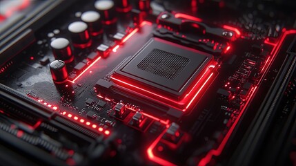 Poster - High technology close-up of a circuit board with glowing red lights at night