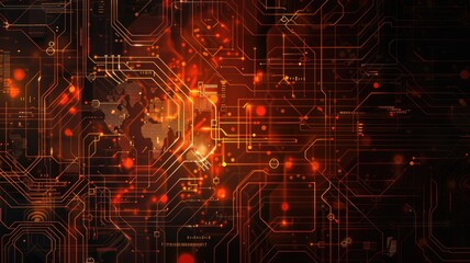 Poster - Glowing orange circuit board with detailed lines and patterns on a dark background. Digital art for design. Abstract image of wireframe or motherboard with glowing color with electronic parts. AIG53.