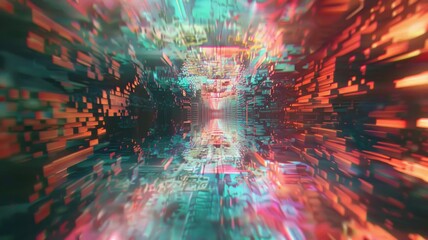 Poster - Digital tunnel with bright light and vibrant colorful pixels. Technology and sci-fi concept for wallpaper, banner. Abstract image of glitch effect with red and white color with dark background. AIG53.