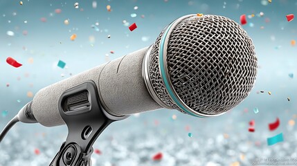Poster - Professional microphone with confetti background suitable for celebrations or events : Generative AI