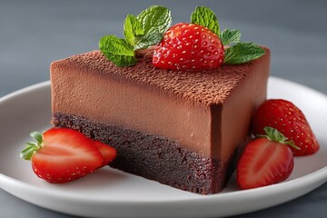 Poster - Rich chocolate mousse cake garnished with fresh strawberries on a white plate ready to serve : Generative AI