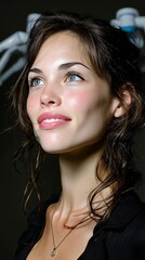 Aufkleber - Portrait of a young woman with natural beauty and captivating smile against a blurred background : Generative AI