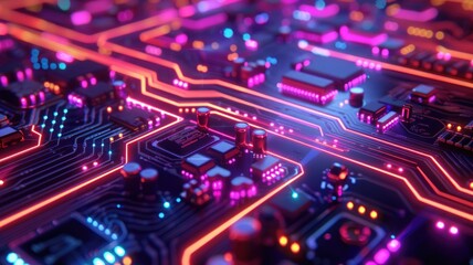 Poster - Close up of a circuit board with neon lights. Macro photography of motherboard or microchip or electrical circuit with gradient pink and purple glowing neon light. Digital artwork for design. AIG53.