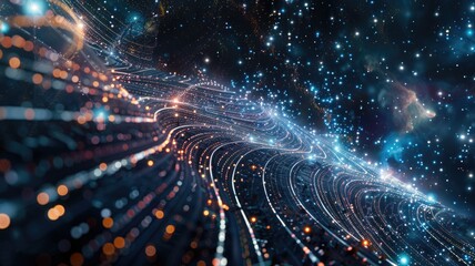 Poster - Abstract art of digital network with glowing nodes and colorful lights. Digital artwork of glowing networking lines. Technology innovation and data visualization concept for wallpaper, banner. AIG53.