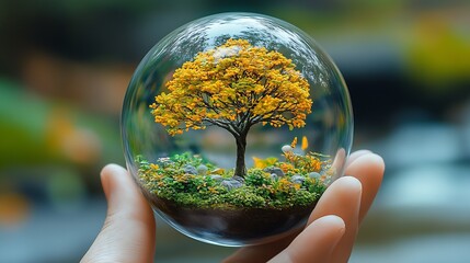 Poster - Beautiful miniature tree encased in a glass globe held delicately by a hand with nature backdrop : Generative AI