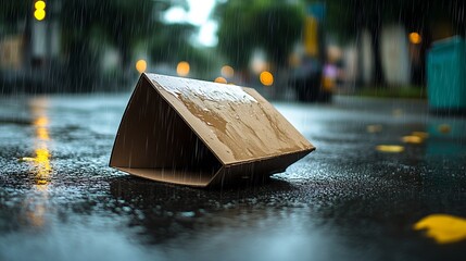 Aufkleber - A cardboard box lies in the rain on a city street showcasing urban weather conditions : Generative AI