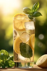 Poster - Refreshing Lemon and Basil Drink Served in a Glass with Ice Cubes and Mint Leaves : Generative AI