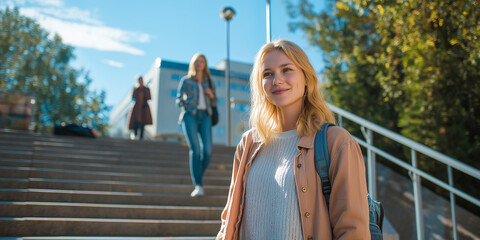 Poster - Smiling student walking up stairs on university campus