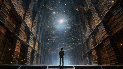 Poster - Person standing in a grand library with a celestial sky view. Background image of boy standing surrounded with observatory with dark blue starry sky and star. Dreamlike and inspirational scene. AIG51.